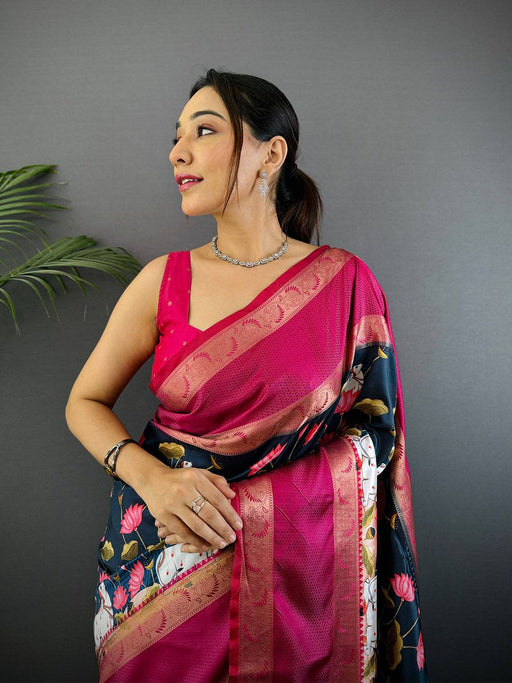 Navy Pichwai Print Banarasi Silk Saree