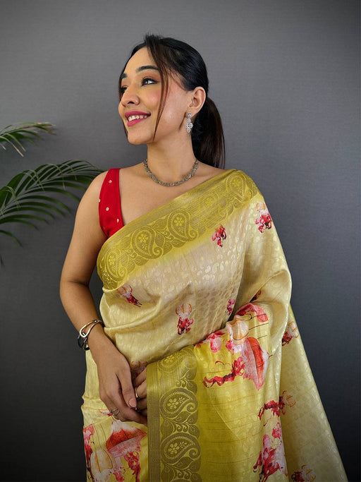 Mustard Yellow Digital Print Soft Dola Silk Saree