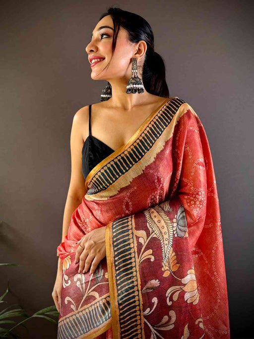 Rose Red Floral Chanderi Saree