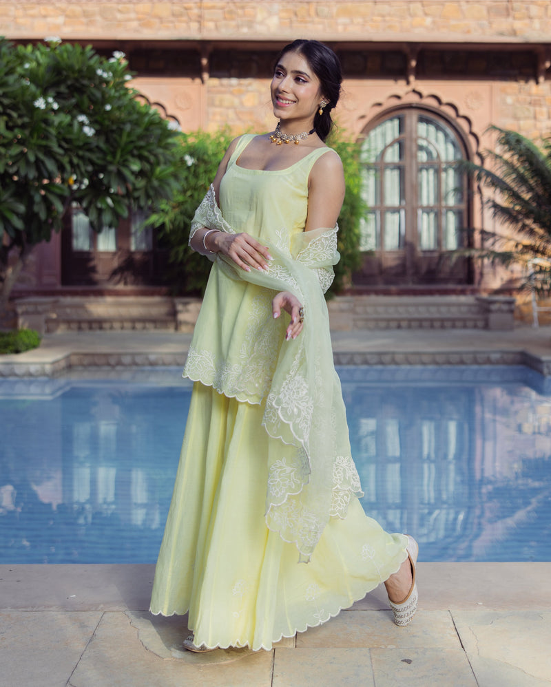 Nazakat Yellow Embroidered Cotton Sharara Set
