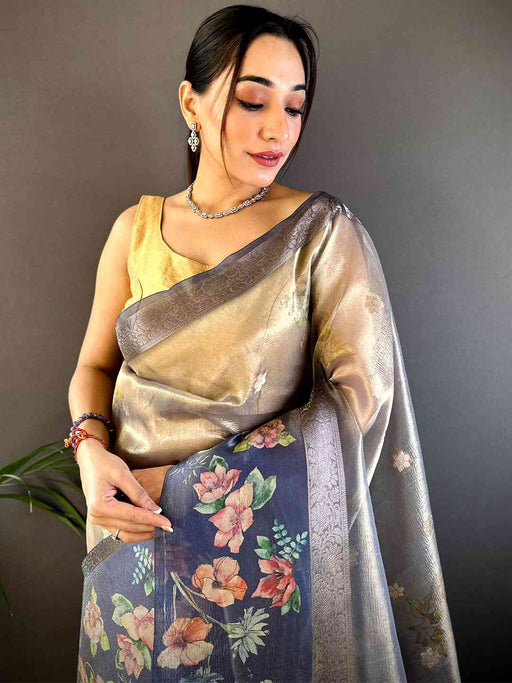 Blue Tissue Digital Floral Saree