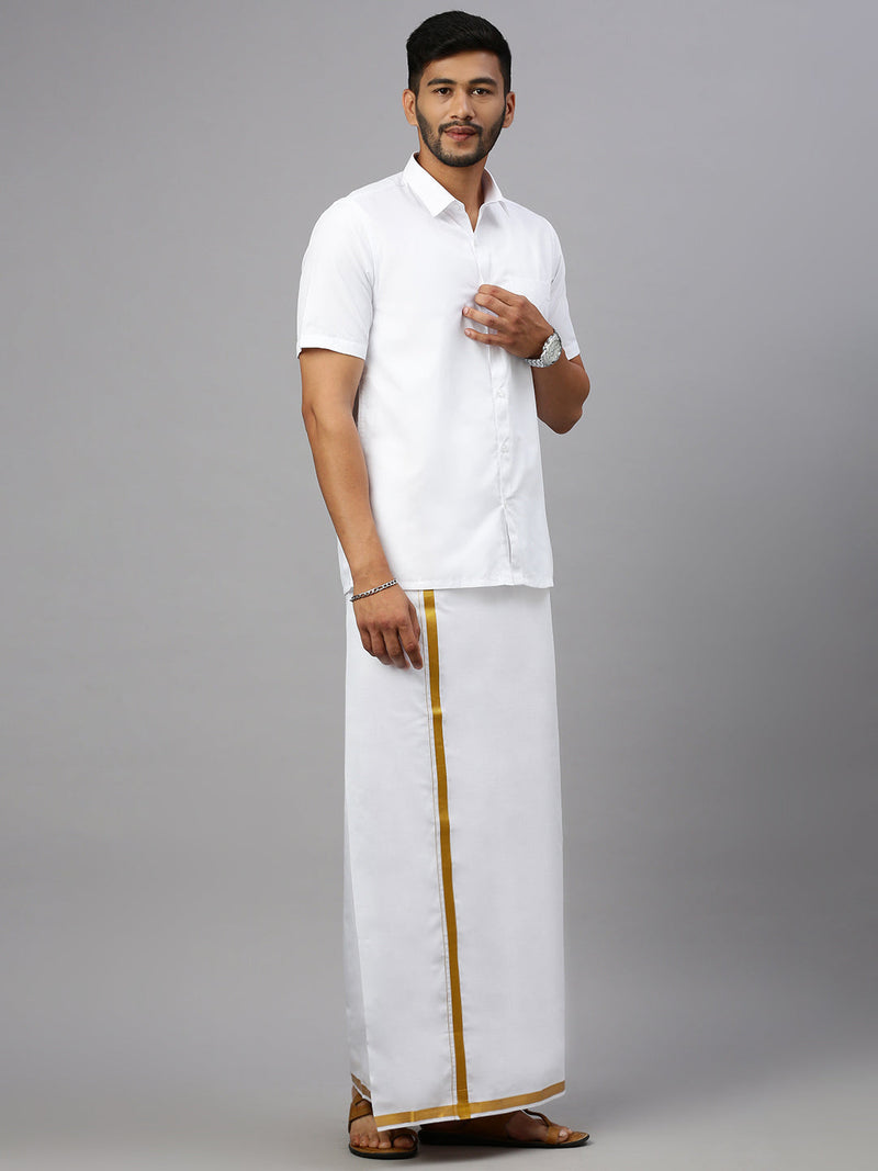 Men Cotton Blend Double Layer White Dhoti with 1" Gold Jari Border Crimson