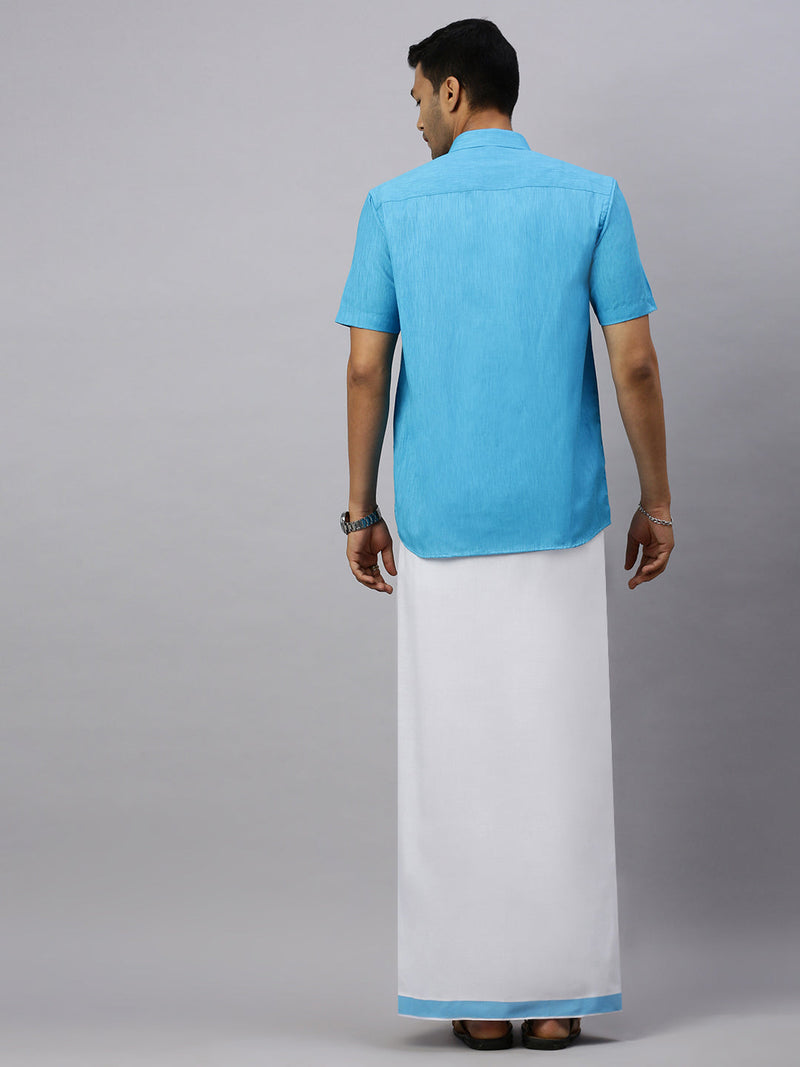 Men Eastern Blue Matching Border Dhoti & Half Sleeves Shirt Set CV5