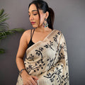 Cream Ghicha Leaf Print Saree