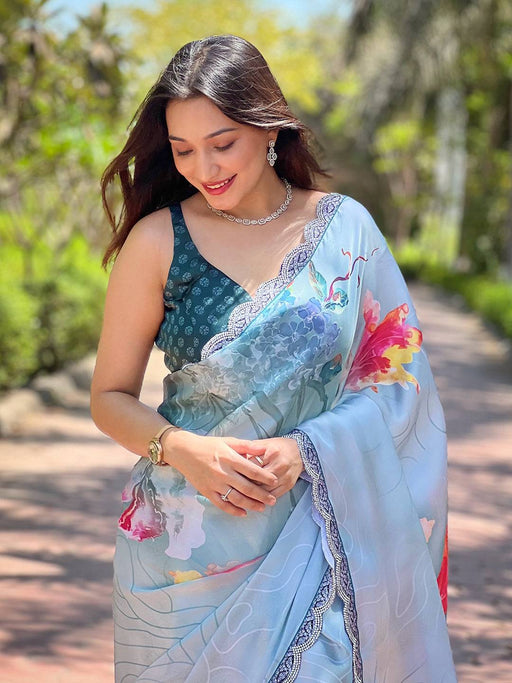 Light Blue Satin Georgette Floral Print Saree