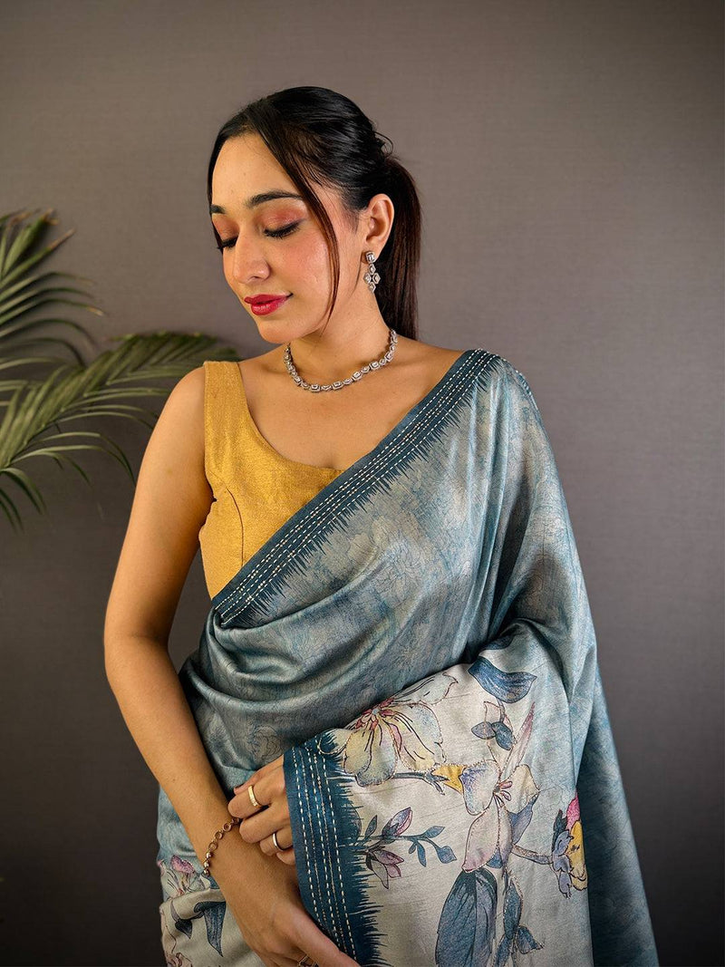 Blue Soft Tussar Silk Digital Floral Saree