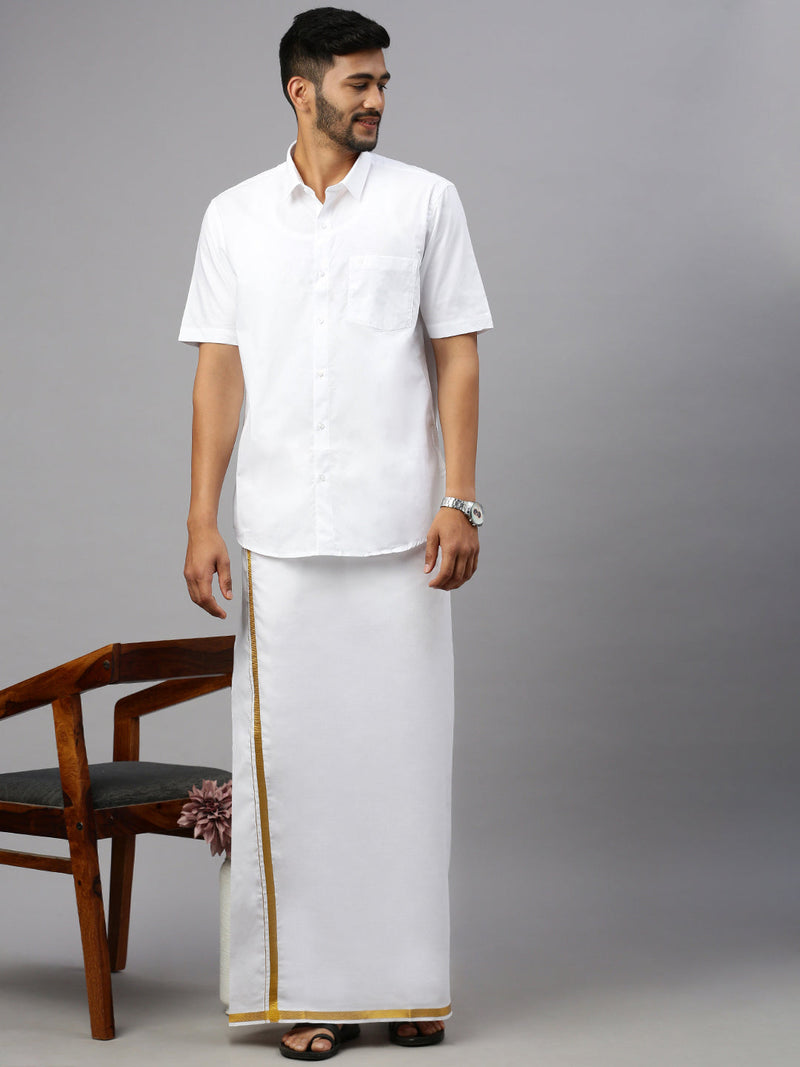 Men 100% Cotton Double Layer White Dhoti with 3/4" Gold Jari Border Good Will