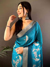 Blue Chanderi Check Sparrow Print Saree
