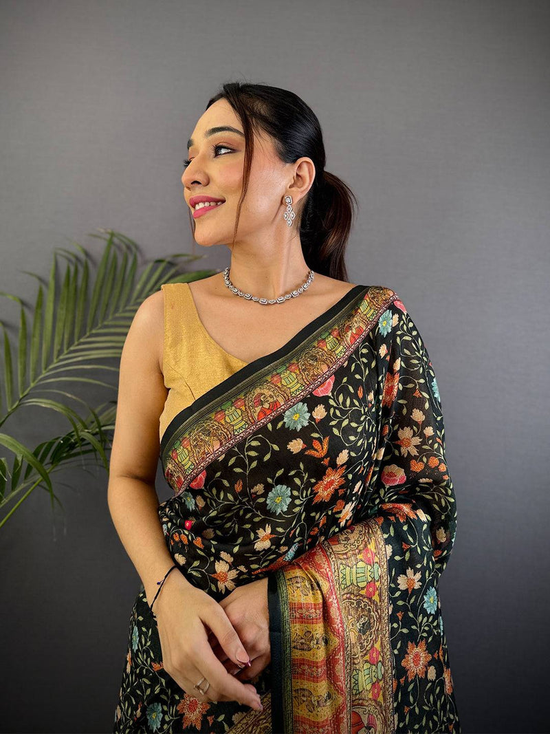 Dark Green Aari Pashmina Print Linen Saree