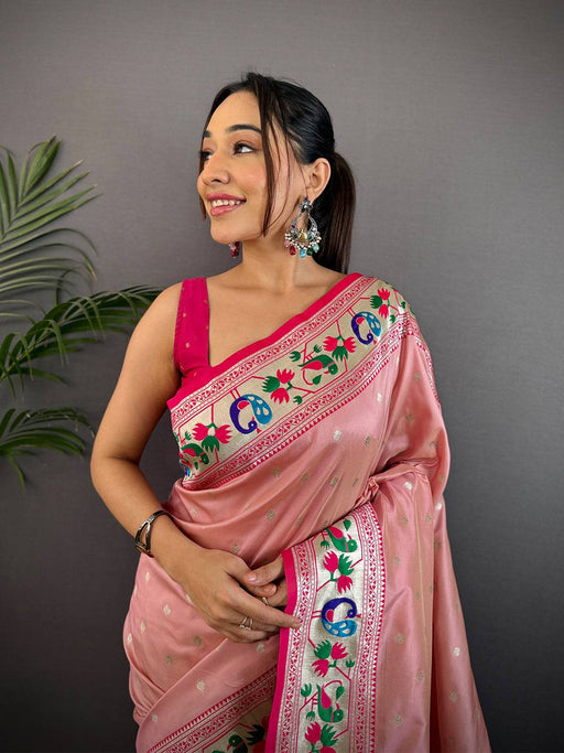 Baby Pink Soft Silk Paithani Meenakari Saree