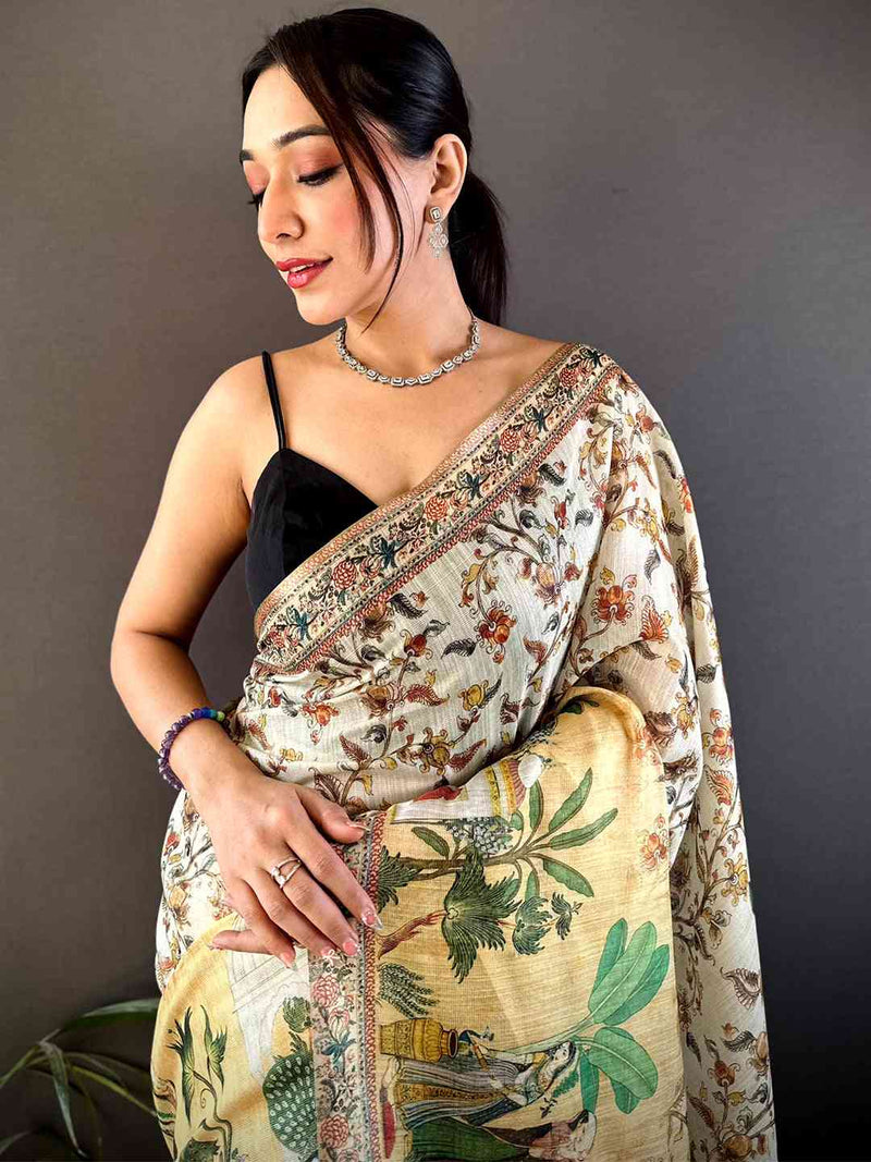 Off White Tussar Pashmina Kalamkari Saree