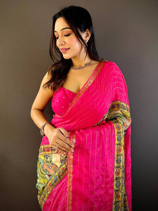 Pink Kalamkari Printed Viscose Chiffon Saree