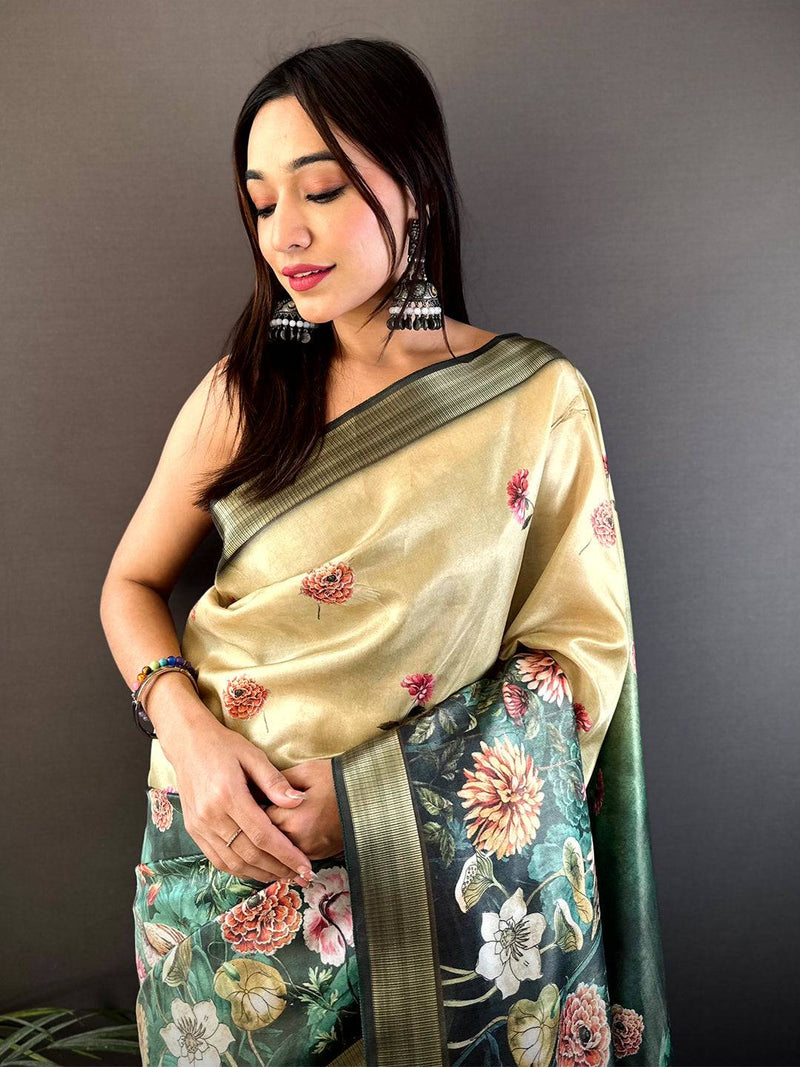 Beige Floral Grace Soft Silk Tissue Saree