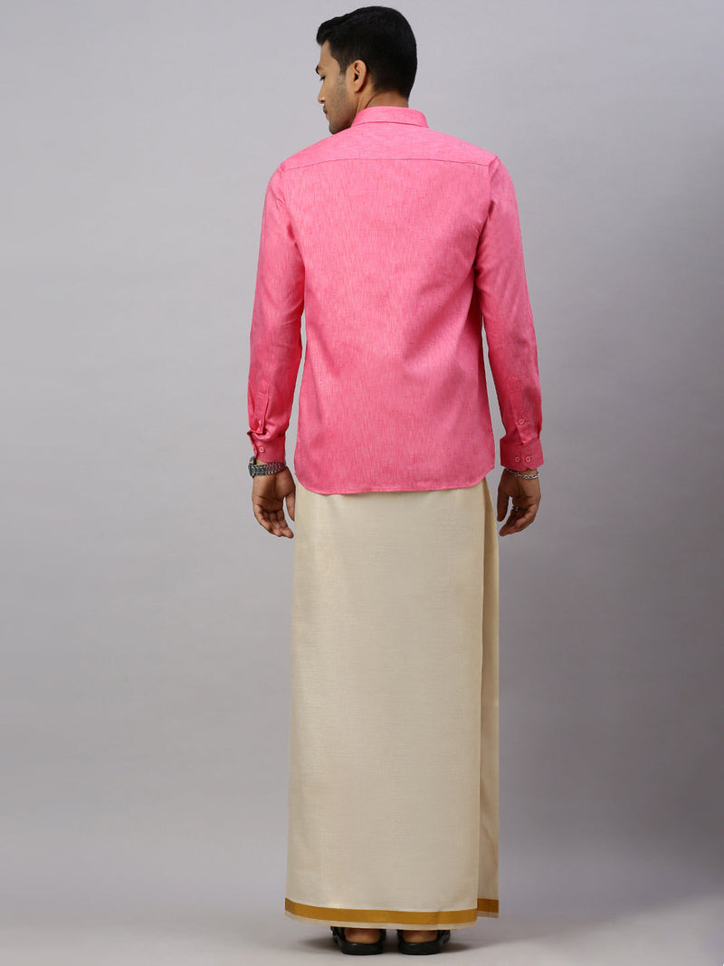 Men Cotton Rich Pink Shirt and Tissue Dhoti Set C34