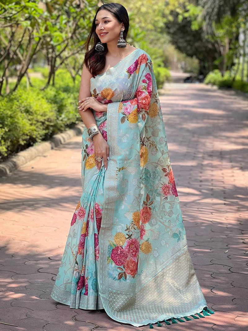 Light Green Lakhnavi Bandla Zari Weaving Saree