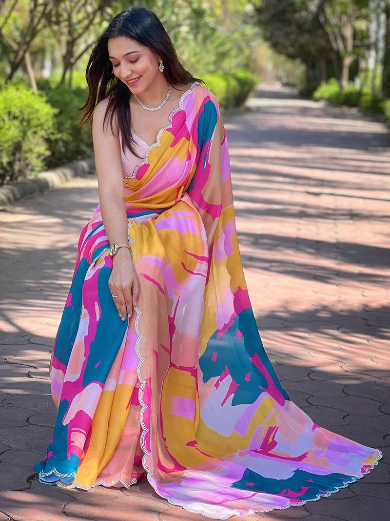 Multi Satin Georgette Floral Print Saree