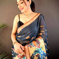 Navy Chanderi Floral Kalamkari Digital Print Saree