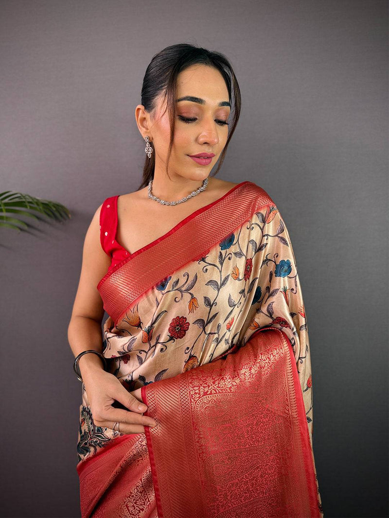 Cream Cherry Satin Kalamkari Saree
