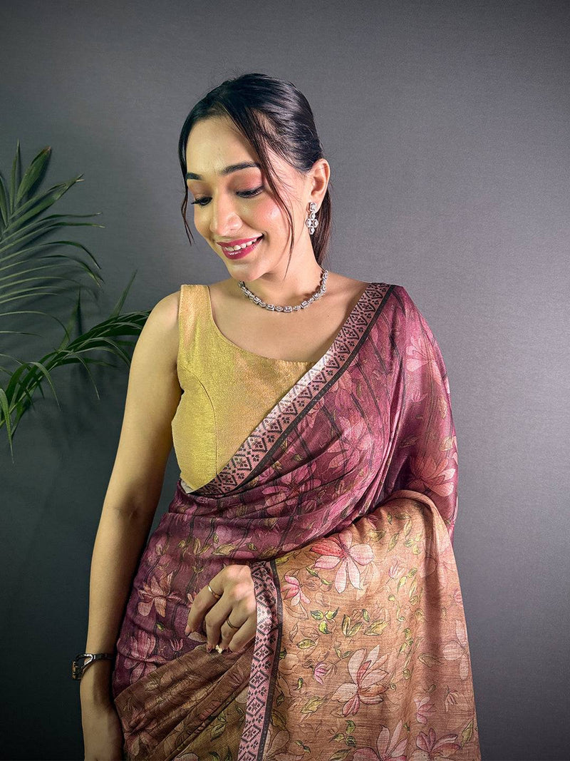 Maroon Linen Juth Digital Print Saree