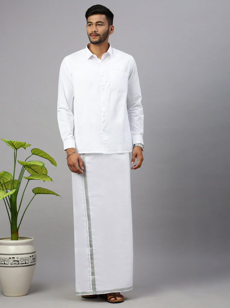 Men 100% Cotton Single Layer White Dhoti with 1/2" Jari Border Silver Storm
