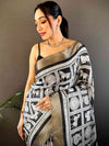 Black Tussar Chex Digital Kalamkari Print Saree