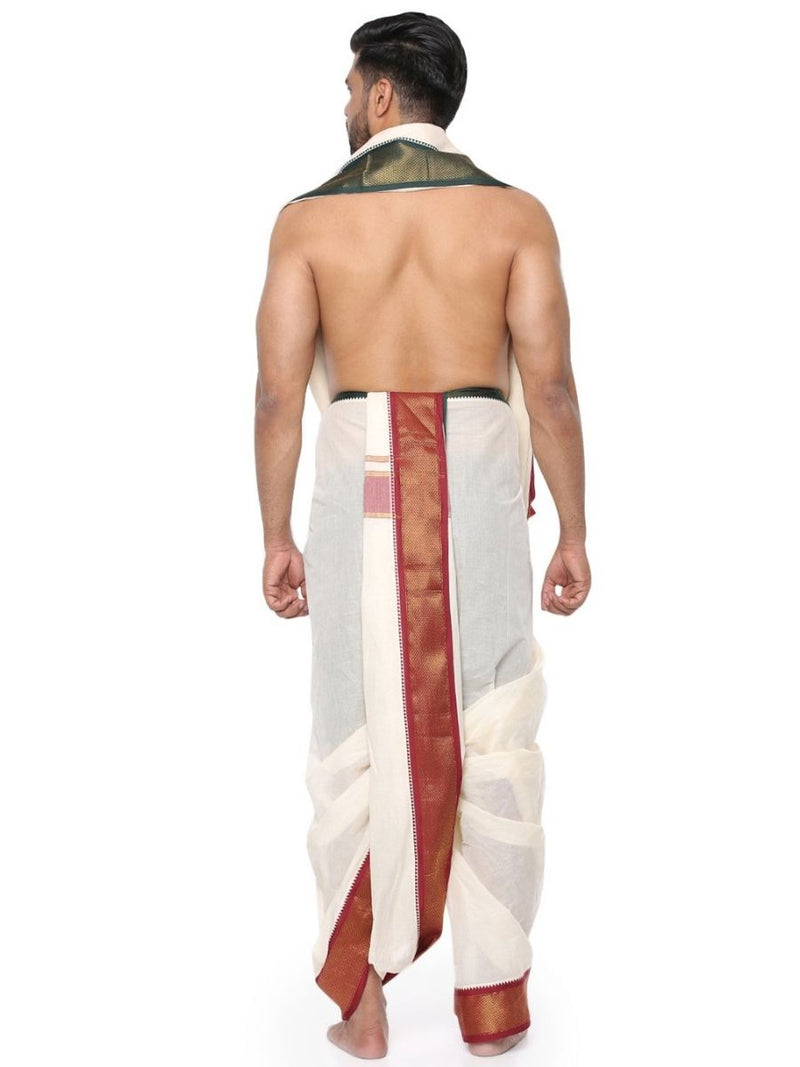 Mens Panchakacham Dhoti with Angavasthram 16 khan Jaripet Kora