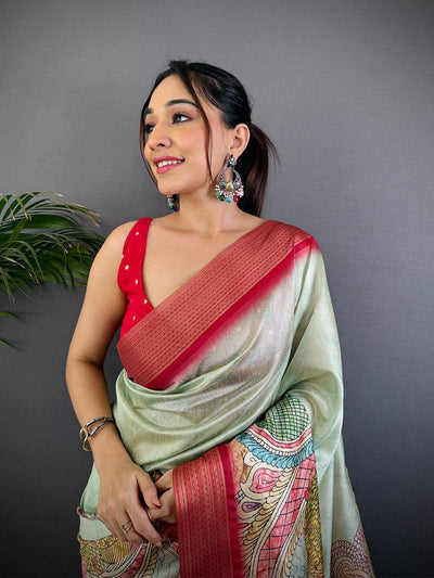 Turquoise Blue Tussar Silk Kalamkari Print Saree