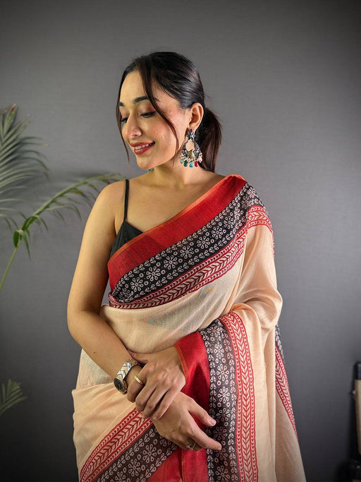 Cream Tissue Chanderi Ajrak Printed Saree