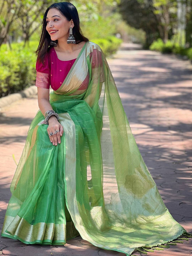 Green Pure Viscose Organza Saree With Fine Gold Zari Weaving Border