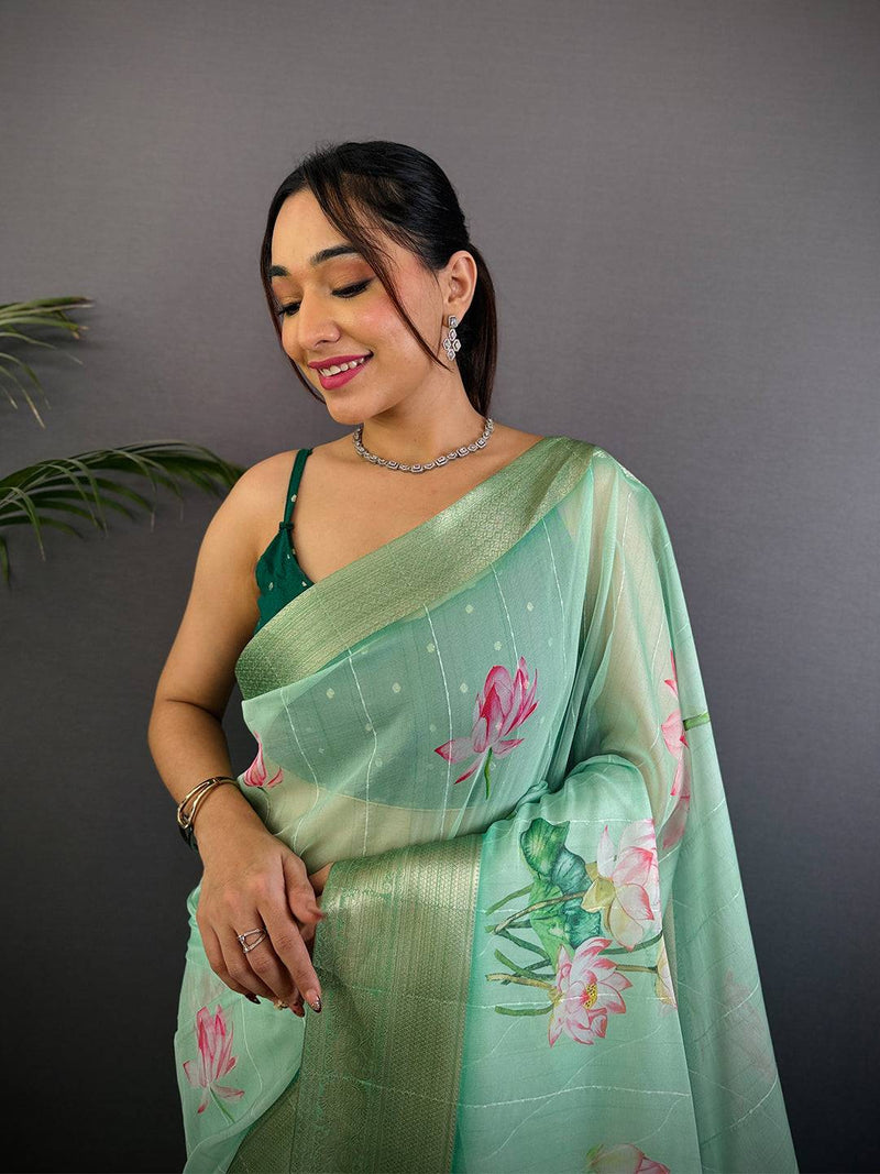 Mint Green Soft Organza Digital Print Saree