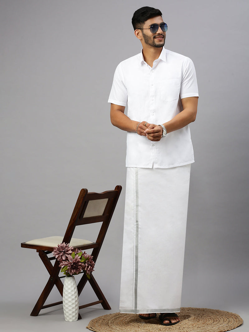 Men Cotton Blend Double Layer White Dhoti with 1" Jari Border Silver Rose
