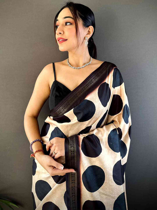 Cream Soft Silk Polka Dot Print Saree
