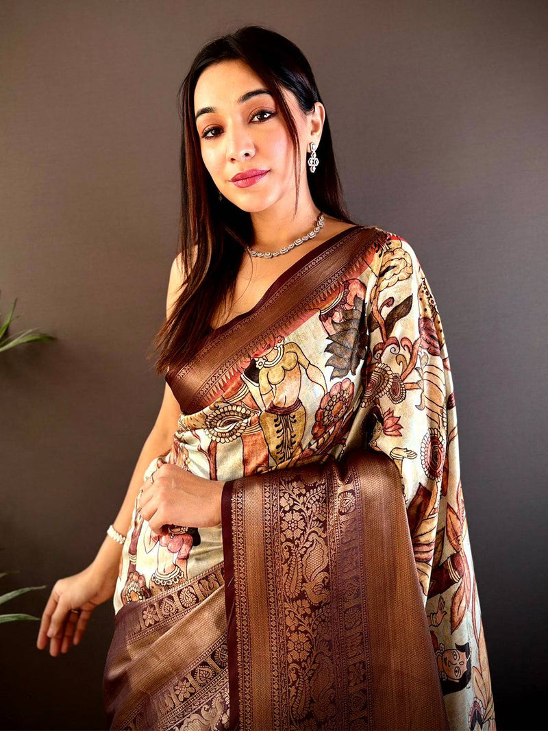 Regal Brown Soft Silk Saree With Pattu Zari Border