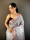 Light Pink Chanderi Madhubani Black Chex Saree