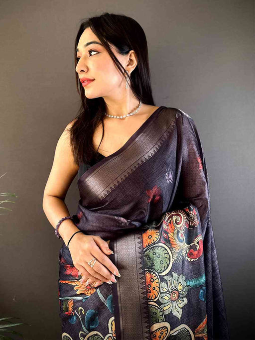 Dark Grey Kota Doriya Zari Weave Digital Print Saree