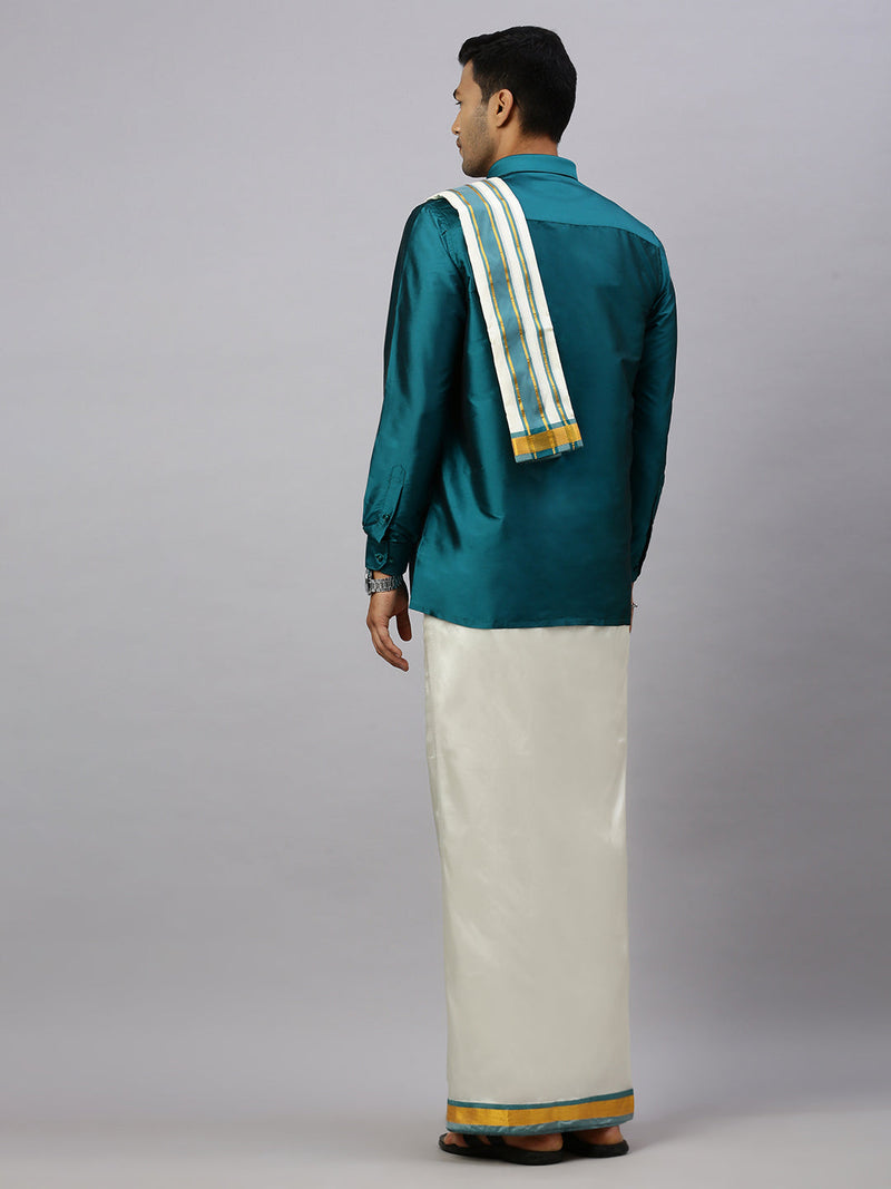 Men Full Sleeves Ramar Green Shirt with Matching Border Cream Dhoti & Towel Set K3