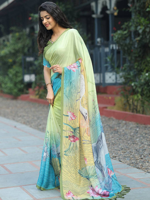 Satin Georgette Pista Colour Hand Print Saree - Luxe