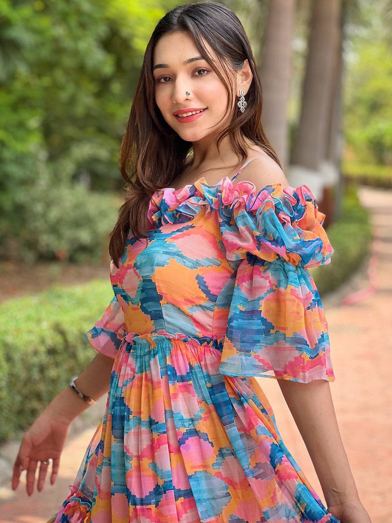 Versatile Print Frill Neck Dress