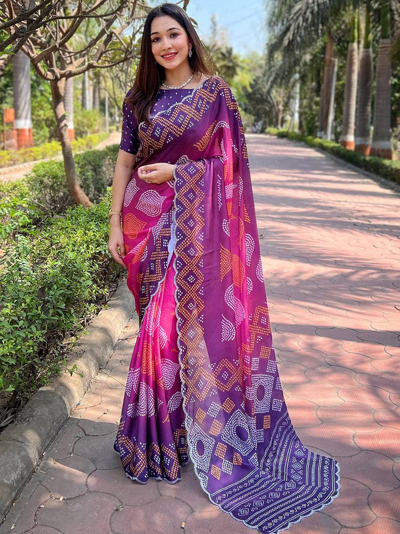 Magenta Georgette Silk Saree with Ombre Bandhej Print & Swaroski Stone Work