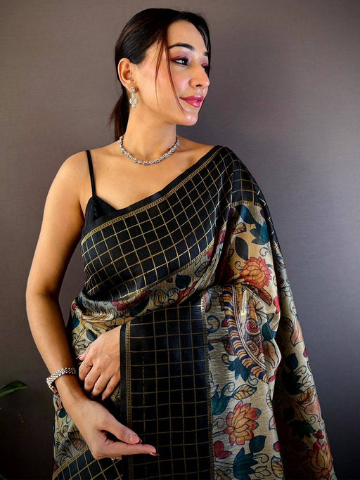 Black Soft Silk Kalamkari Printed Saree