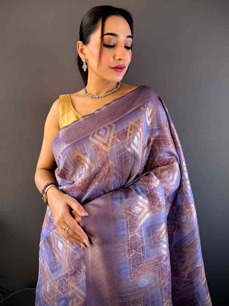 Lavender Banarasi Silk Katan Geometric Saree