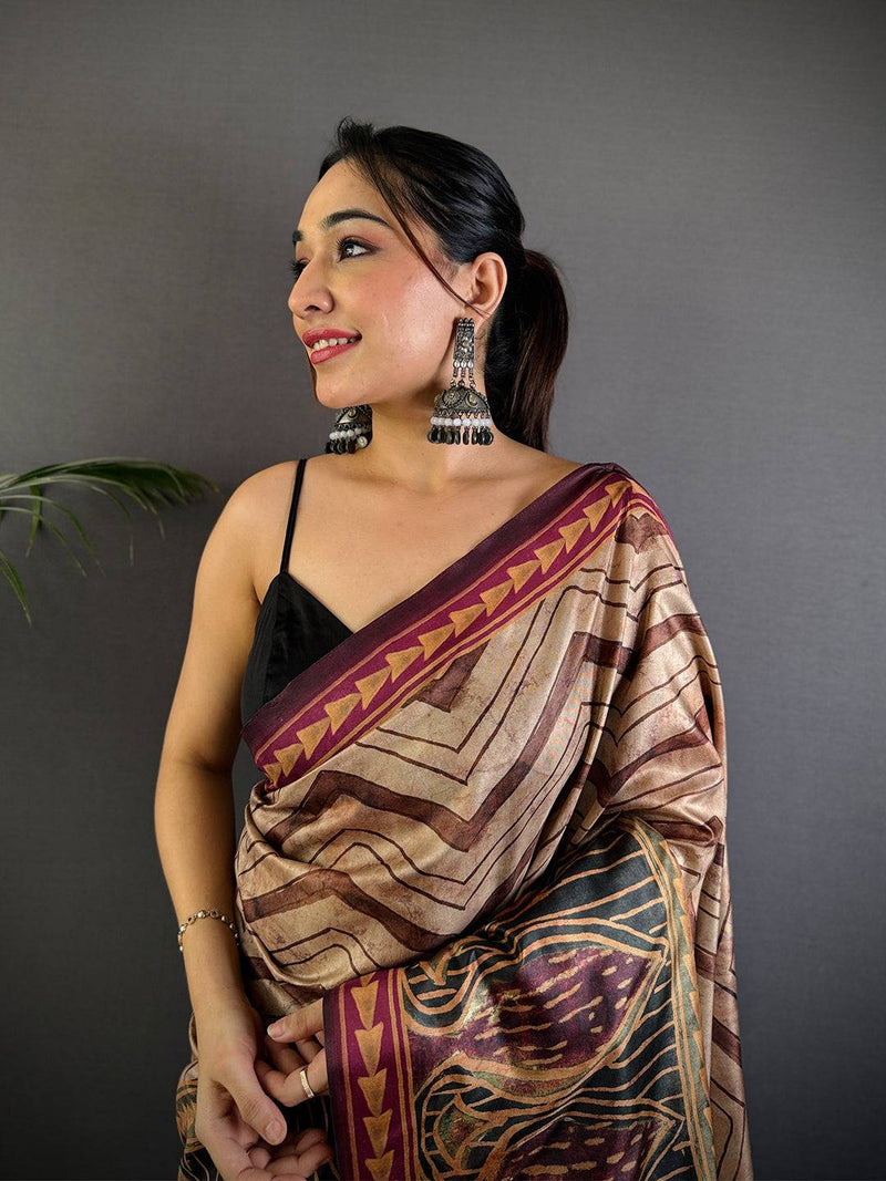 Beige Soft Dola Silk Printed Saree