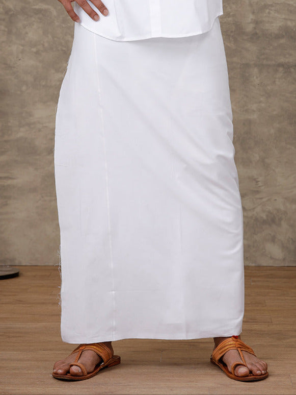 Men Cotton Blend Single Layer White Dhoti with Small Border Breeze Paramas V2
