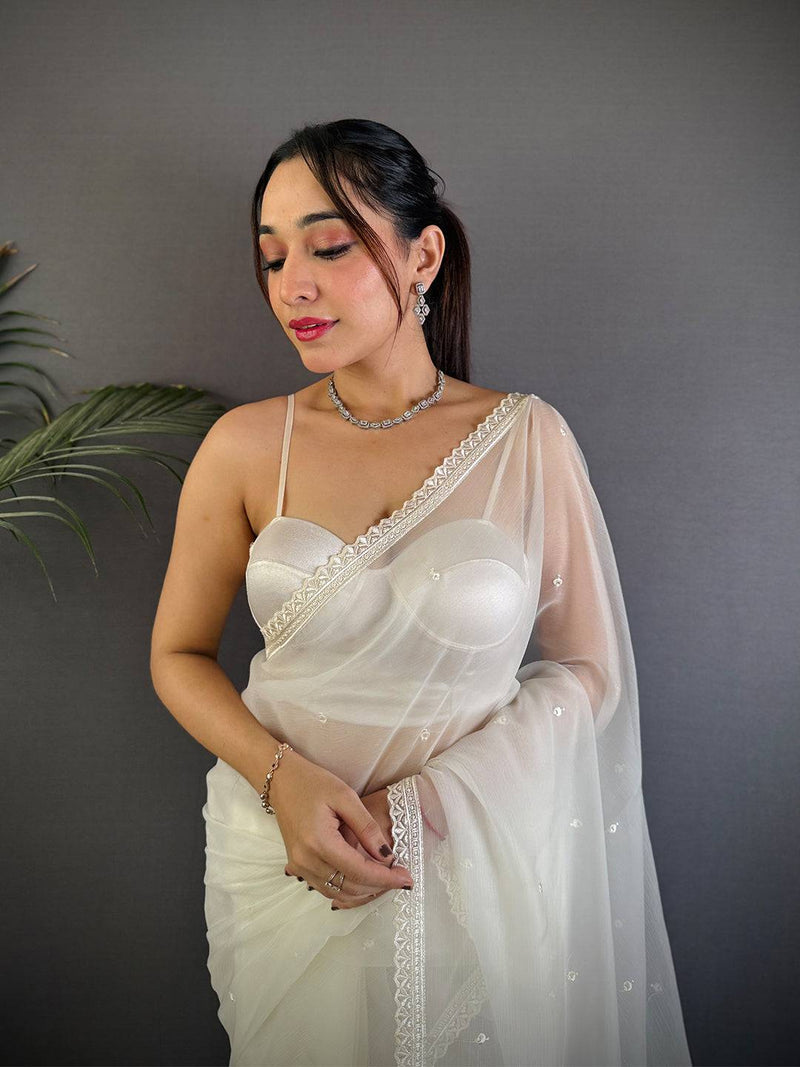 White Soft Chiffon Chikankari Work Saree