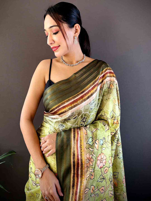 Pista Kalamkari Floral Printed Silk Saree