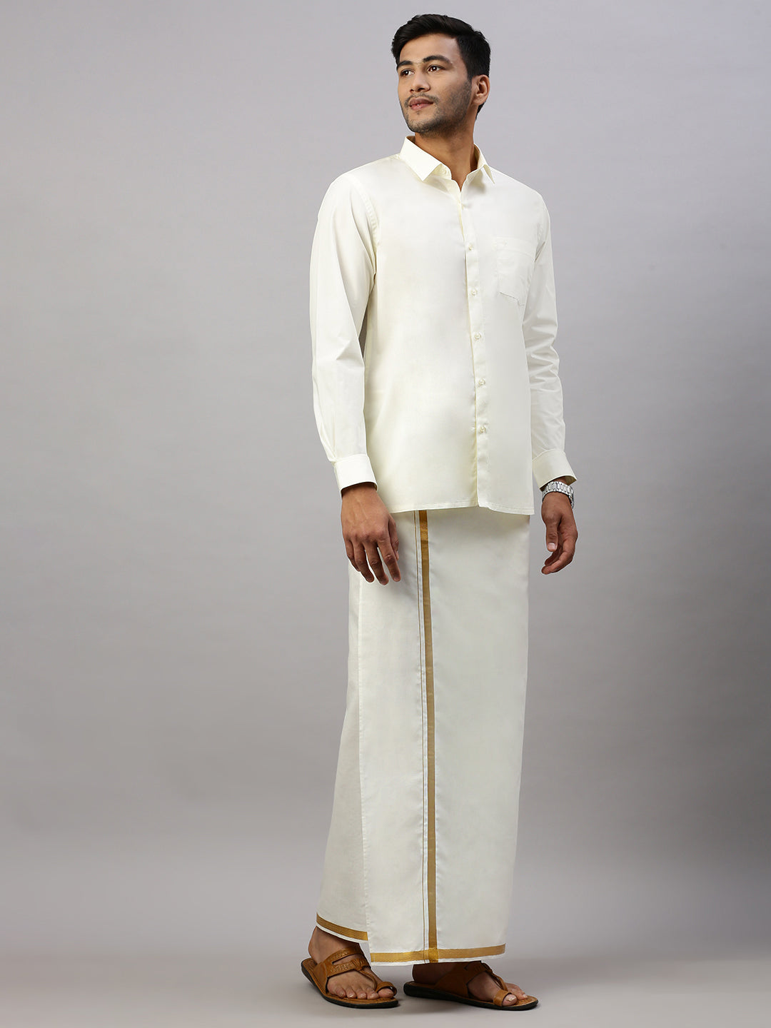 Men Cream with 3/4" Gold Jari Border Readymade Double Layer Dhoti C198