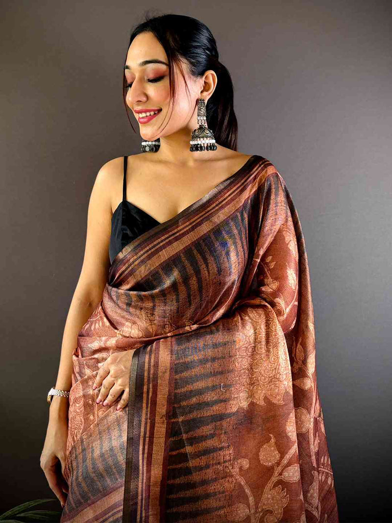 Coffee Brown Floral Stripes Tissue Saree