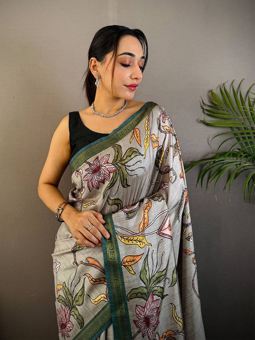 Grey Soft Silk Floral Print Saree