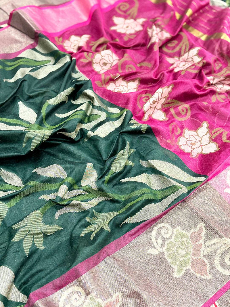 Green Soft Chanderi Pochampally Ikkat Saree