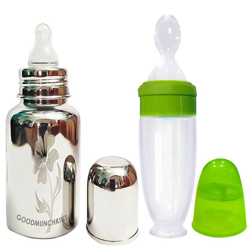 Goodmunchkins Stainless Steel Feeding Bottle With Spoon Food Feeder for Baby Anti Colic Silicon Nipple Feeder 300 ml Combo Pack-Green